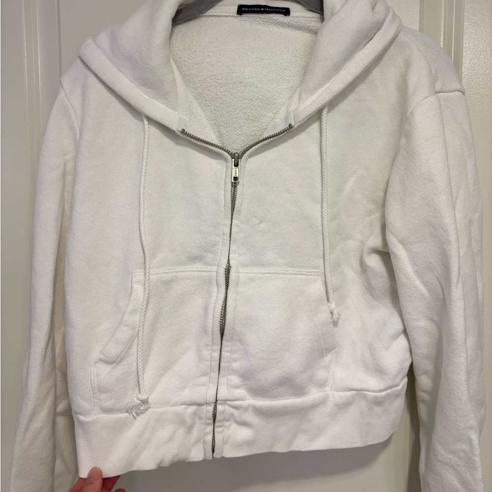 Brandy Melville White Cropped Christy Zip Up Hoodie